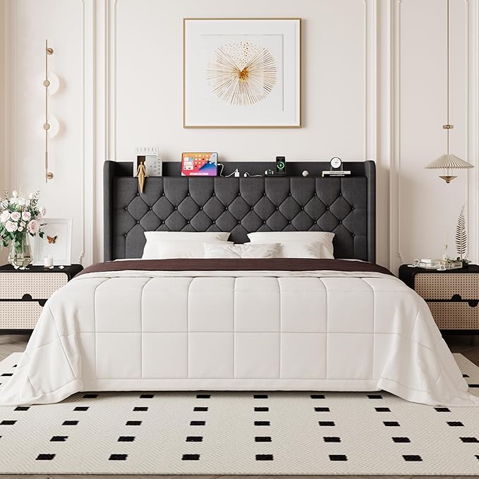 Allewie King Size Bed Frame, Storage Headboard with Charging Station,Wingback Linen Upholstered, Diamond Stitched Button Tufted, Sturdy Wooden Slats, No Box Spring Needed, Easy Assembly, Dark Gray