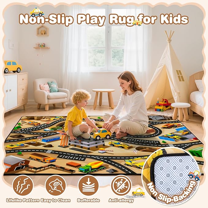 Kids 3x5 Ft Construction Site Car Rug - Extra Thick (0.4in),Tufted Wool & Rubber, Non-Slip, Stain & Fade Resistant, Machine Washable, Rustic Cartoon Construction Site Pattern