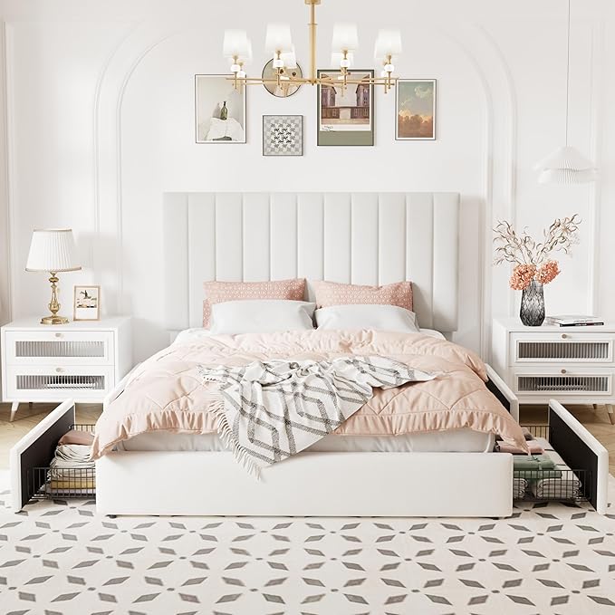 Allewie Full Size Storage Bed Frame, Vertical Channel Tufted Adjustable Headboard, Velvet Upholstered Platform Bed with 4 Oversized Underbed Drawers, Wooden Slats Support, No Box Spring Needed, White