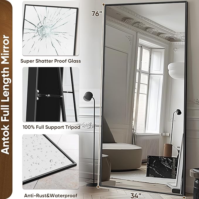 Antok Full Length Mirror, 76"x34" Floor Mirror with Stand, Hanging Mounted Mirrors for Bedroom, Living Room, Cloakroom, Dining Room, Black, Rect