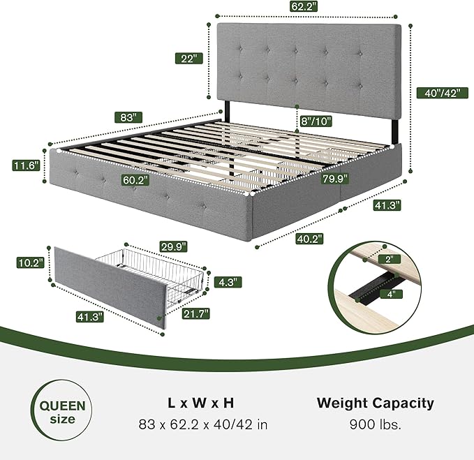 MUTICOR Queen Size Bed Frame with 4 Storage Drawers, Upholstered Platform Bed with Button Tufted Adjustable Headboard, No Box Spring Needed, Easy Assembly, Square Tufted, Light Grey Fabric