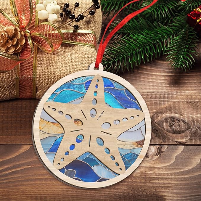 GEEMBI Christmas Teacher Gifts for Women Men - Suncatcher Christmas Ornaments 2025 with Card - Thank You Gifts for Coworkers Nurses Therapists, Teacher Ornament, Starfish Ornaments for Tree