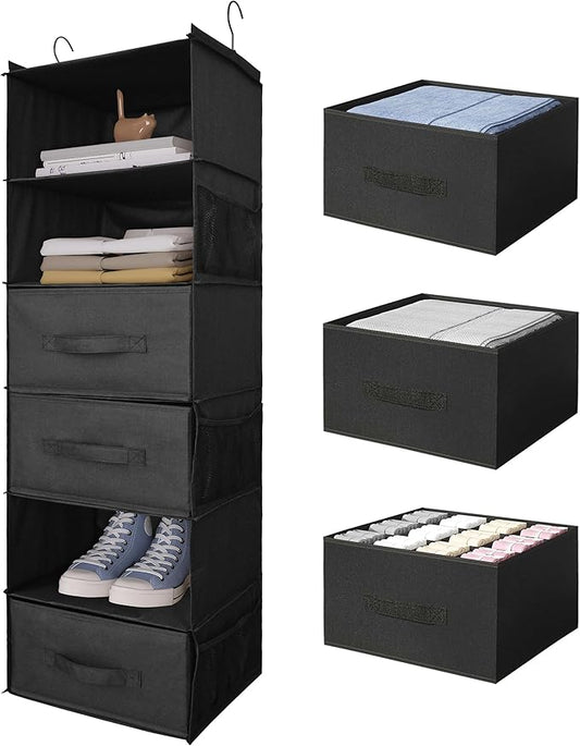 6-Shelf Hanging Closet Organizer with Drawers, Wardrobe Clothes Storage Foldable Portable Hanging Closet Shelves for Clothes Shoes, 47"x13.75"x12.25", Black