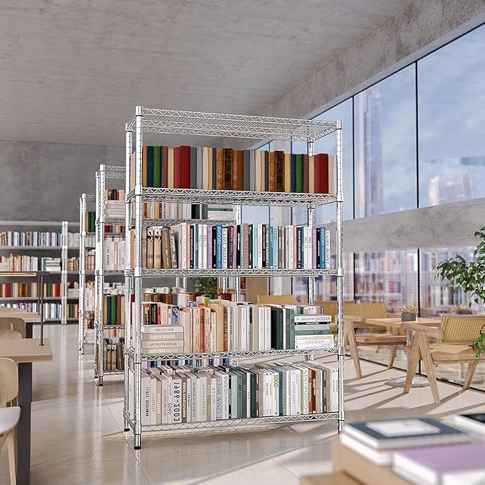 IZEUK 3300 LBS Garage Shelving Wide Storage Shelves 5 Tier Metal Shelves Heavy Duty Adjustable Utility Shelf Rack Chrome 17.7" D x 59.1" W x 70.4" H