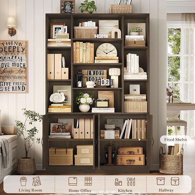 HOSTACK 75” Tall Book Shelf and Bookcase, Bookshelf with Storage Cabinet, 47” Wide Bookcase with 4 Doors, Standing Display Shelves, Modern Farmhouse Book Case for Living Room, Home Office, Dark Brown