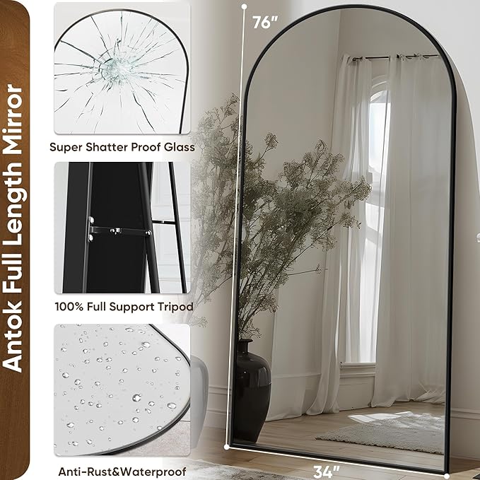 Antok Full Length Mirror, 76"x34" Floor Mirror with Stand, Hanging Mounted Mirrors for Bedroom, Living Room, Cloakroom, Dining Room, Black, Arched