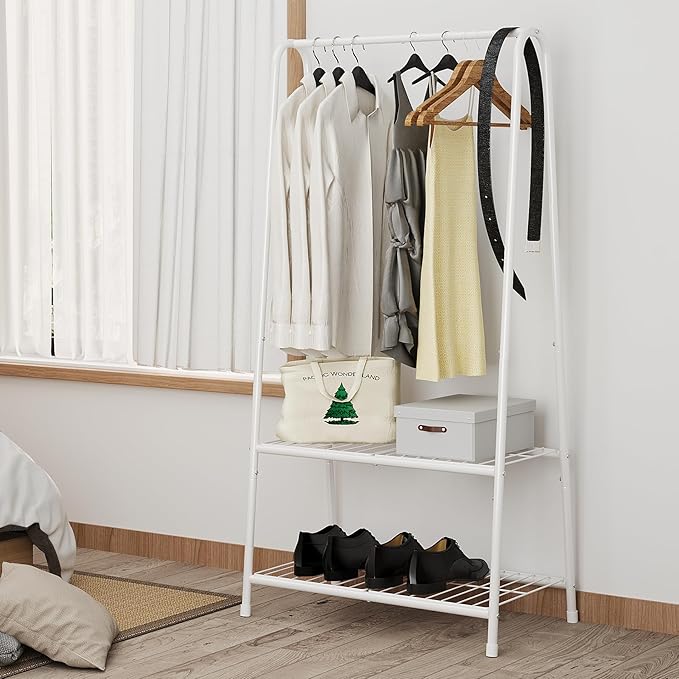 Buzowruil Metal Small Clothes Rack,Clothing Garment Rack with Double Layer Shelf for Clothes,Dress, Shoes,White