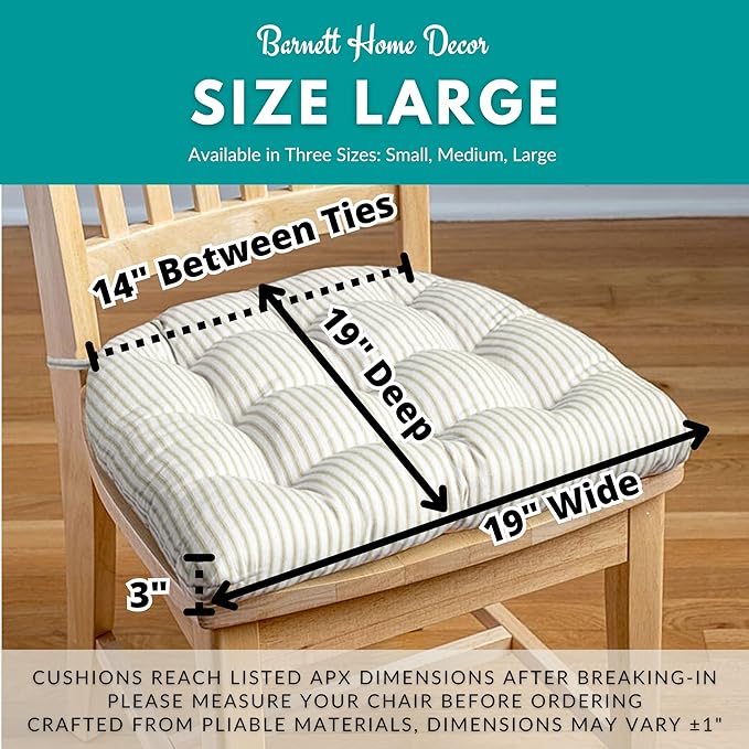 Barnett Home Decor Ticking Stripe Natural Dining Chair Pad with Ties - 19 x 19 Size Large Chair Cushion - Latex Foam Fill - Machine Washable, Reversible 100% Cotton, Made in USA