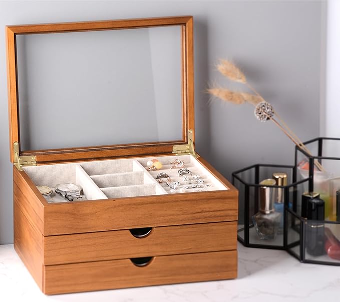 Jewelry Box with Glass Lid, 3 Layer Jewelry Organizer for Women, Solid Wooden Jewelry Box Display for Ring Earrings Necklace Bracelet, Pine Wood Jewelry Boxes Vintage Style for Gifts