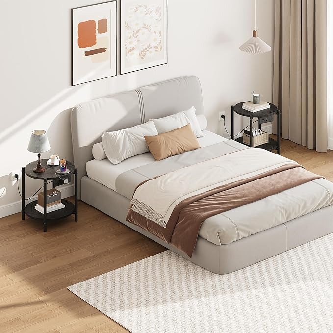 LIKIMIO Small Round End Tables Set of 2 with Charging Station, 2-Tier Wooden Side Tables, 15.8" W Modern Nightstands for Small Spaces, Living Room, Bedroom, Black