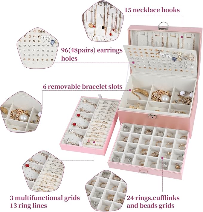 BOOVO Earring Jewelry Box For Women Girl Stud Organizer, 5 Layers Girl Jewelry Organizer Box With Lock Earring Holder Organizer Necklace Ring Jewelry Organizer Box For Girls (rose gold)