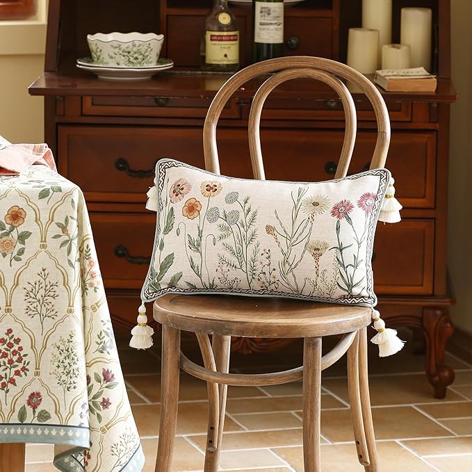 Design Linen Throw Pillow Covers 12"x20" Pack of 2, Lumbar Farmhouse Cushion Covers with Yellow Purple Watercolor Wildflower Pattern Decor Pillowcases for Bed,Living Room,Outdoor,Car