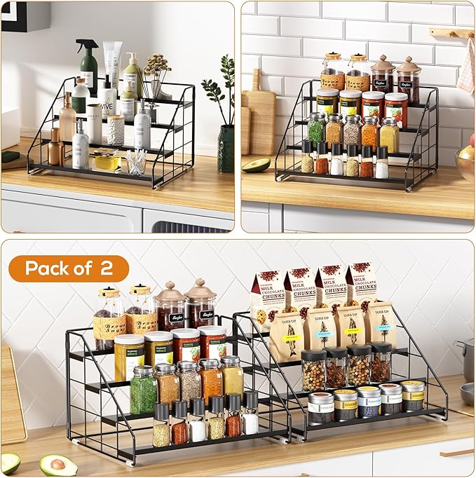 4 Tiered Spice Rack Organizer, 2 Pack Spice Rack Organizer for Cabinet, Tiered Adjustable Spice Shelf for Kitchen Countertop Pantry Organization (Carbon Black)