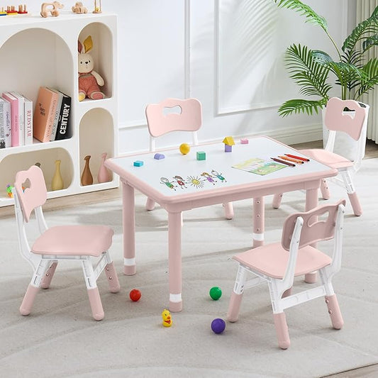 Kids Table and 4 Chairs Set, Height Adjustable (17.7"-26.1") Toddler Table and Chair Set, Multi-Activity Table with Graffiti Desktop, Children’s Table and Chairs for Classroom, Home & Daycare