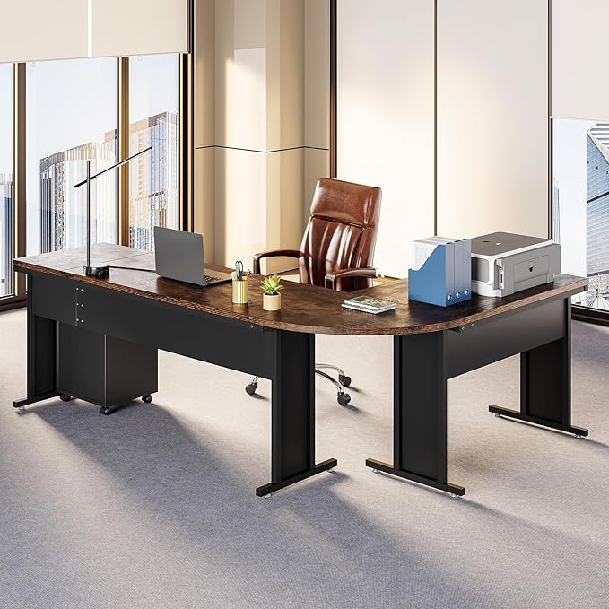 LITTLE TREE 83 Inch L-Shaped Office Desk with Drawers, Large Executive Office Desk with Storage, Wooden Computer Desk with File Cabinet, Modern Work Desk for Home Office, Brown