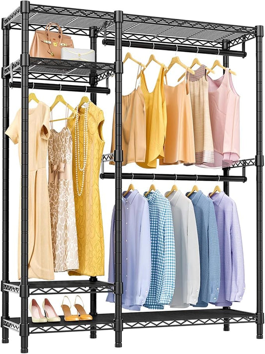 VIPEK V2 Clothes Rack for Hanging Clothes, Heavy Duty Closet Rack with 4 Tiers Wire Shelving & 3 Hanging Rods, Free Standing Closet Wardrobe, 45" Lx16.5 Wx76.4 H, Max Load 700LBS, Black