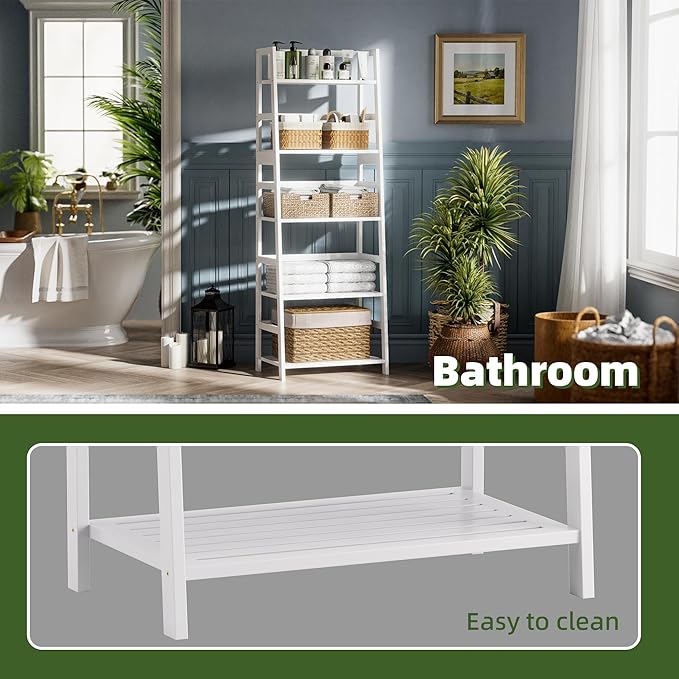 Ladder Shelf, 5-Tier Bookshelf, All Bamboo Heavy Duty Bookcase, Freestanding Open Wood Storage Rack, Modern Corner Display Plant Stand for Living Room, Home Office, Bathroom, Bedroom, White