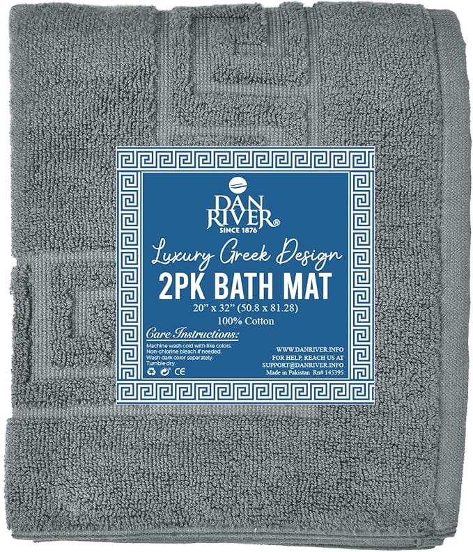 DAN RIVER Greek Bath Mat - Grey, 100% Ring Spun Cotton, Pack of 2, 20x32 inches, 800 GSM, Non-Slip, Absorbent, Quick Drying, Machine Washable Bathroom Floor Mats for Shower, Kitchen & Bath