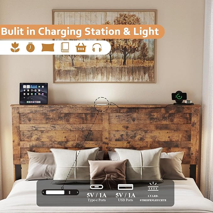 Wooden Bed Frame Queen Size with Headboard & Sliding Barn Door Storage Footboard, Farmhouse Platform Bedframe with Charging Station, No Box Spring Needed, Brown