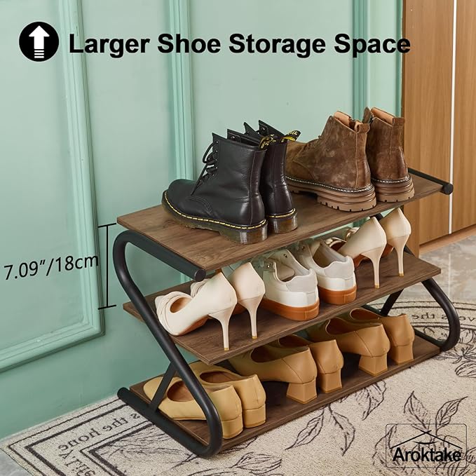 Shoe Rack, Z-Frame Wooden 3-Tier Shelf with Durable Metal Shelves, Shoe Organizer for High Heels, Hallway, Living Room, Closet, Bedroom (Light Rustic)