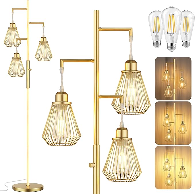 QiMH Industrial Floor Lamps for Living Room, Tree Standing Lamp with Stepless Dimmable, 68" Modern Tall Lamps for Bedroom Study Home Office, Rotary Switch, 3 LED Bulb Included, Gold