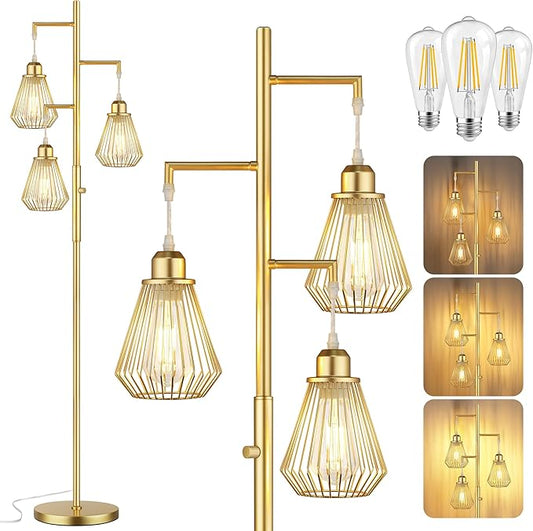 QiMH Industrial Floor Lamps for Living Room, Tree Standing Lamp with Stepless Dimmable, 68" Modern Tall Lamps for Bedroom Study Home Office, Rotary Switch, 3 LED Bulb Included, Gold