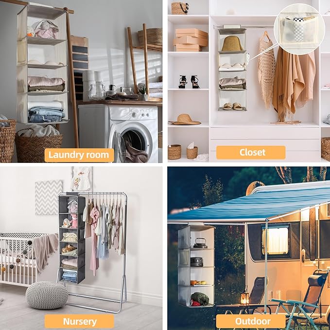 2 Packs Hanging Closet Organizer Storage, 3-Shelf Hanging Shelves for Closet, Closet Clothes Organizer and Storage with Side Pocket, Beige