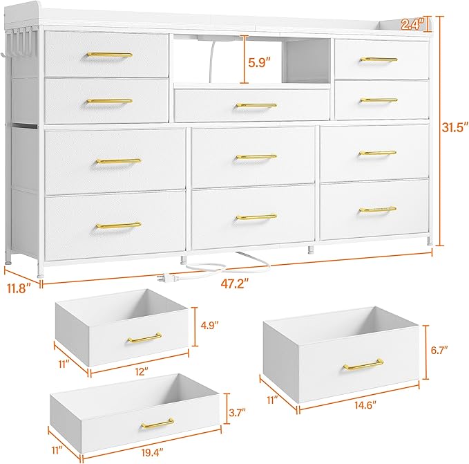 EnHomee Dresser TV Stand with 11 Drawers for 60" TV Stand for Bedroom with LED Lights & Power Outlets Long Dresser for Bedroom with Shelves & 4 Hooks Sturdy Metal Frame & Wood Top, White