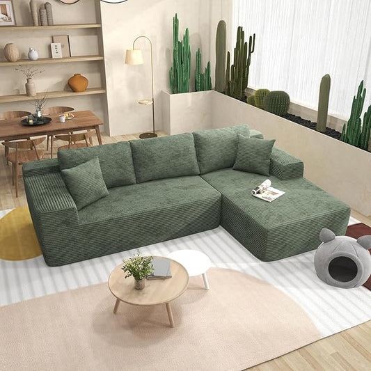 OC Orange-Casual 106.3" Cloud Sectional Couch with L-Shape Chaise,No Assembly Required Modular Sofa,Upholstered Boneless Couches for Living Room, Plush Corduroy Fabric (Green, Right Facing Chaise)