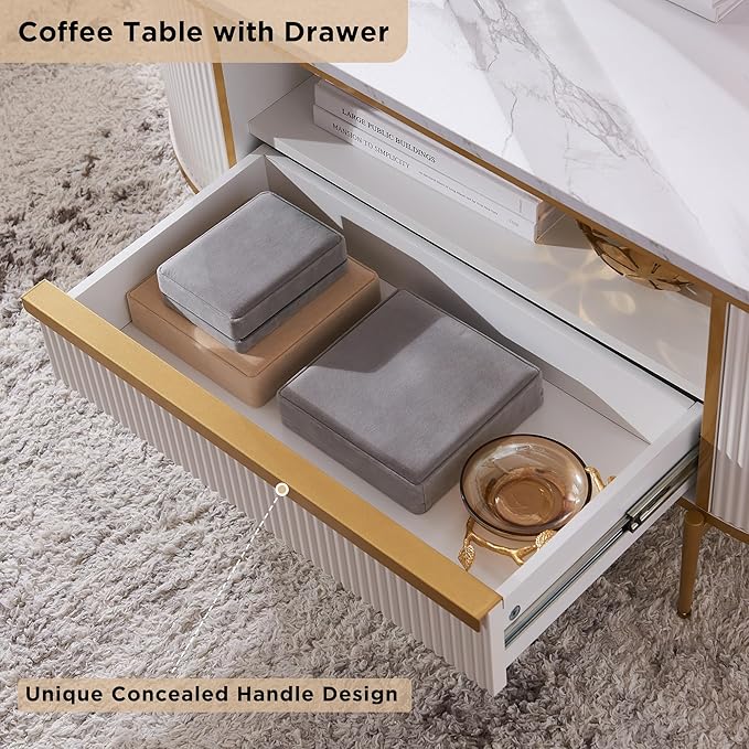 OKD Modern Luxury Fluted Coffee Table, 48" Oval Coffee Table with Drawer, Faux Marble Top, Curved Profile Design, Gold Metal Decor, Center Table for Living Room, Off White