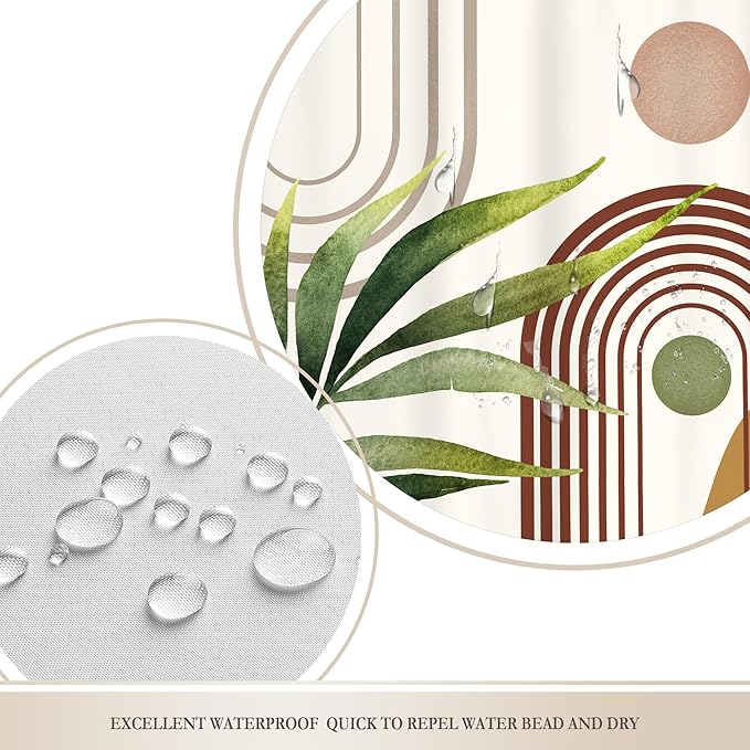 Glawry Green Brown Boho Shower Curtain Abstract Mid Century Plant Tropical Leaves Modern Geometric Bathroom Minimalist Arch Curve 60Wx72L Inches Bath Accessories Art Home Decor Fabric 12 Pack Hooks