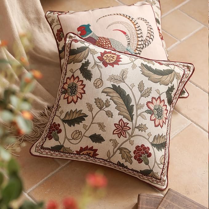 Design Square Pink Floral Linen Throw Pillow Covers 18"x18" Pack of 2, Vintage Country Flowers Pattern Cushion Covers Decor Pillowcases for Bed,Living Room,Outdoor,Car