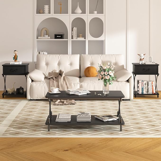 VECELO 39-Inch Coffee Table with Storage and Open Shelves for Living Dining Room, Modern Rectangle & Industrial Design, X-Shape Frame, Black