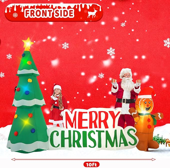 10FT Christmas Inflatable Outdoor Decorations, Christmas Tree Road Sign Pancake Man Inflatable Yard Decorations with LED Lights for Indoor and Outdoor Yard Garden Christmas Decorations