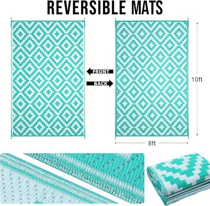 OLANLY Waterproof Outdoor Rug 8x10 ft, Outdoor Plastic Straw Rug for Camping, RV Mat Outside, Outdoor Carpet for Porch, Deck, Backyard, Balcony, Picnic, Turquoise & White