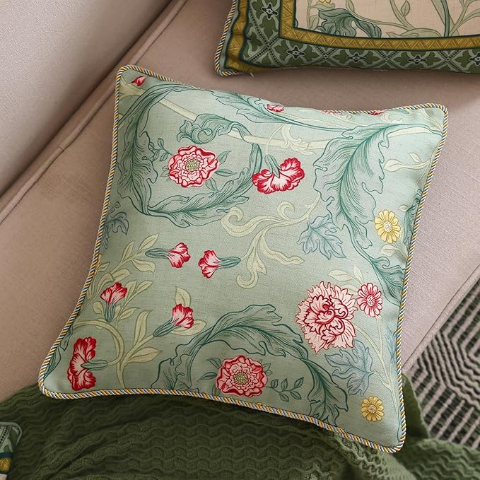 patdrea Designer Pack of 2 Square Throw Pillow Covers,French Vintage Rustic Linen with Green Floral Pattern Pillows Cover,Decorative Pillowcases Cushion for Bed Living Room Outdoor Car,18"x18"