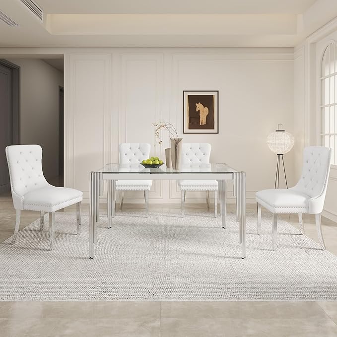 51" Rectangle Glass Dining Table for 4-6, Modern Silver empered Glass Kitchen Table with Stainless Steel Legs for Home Office Kitchen, Living Room