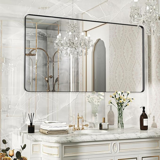 55×30 Black Bathroom Mirror, Rectangular Bathroom Vanity Mirror for Wall with Rounded Corners & Aluminum Alloy Frame, Tempered-Glass, Modern, Farmhouse, Horizontal/Vertical, Entryway, Bedroom