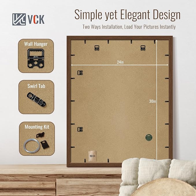 VCK 24x30 Poster Frame Set of 4 - Brown, Gallery-Quality Wood Picture Frames, 1.1-Inch Wide Border, Polished Plexiglass, Vertical or Horizontal Wall Display for Photo/Art/Prints, Brown