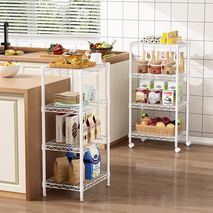 Small 4 Tier Shelves Storage Wire Shelving Unit Metal Shelf Adjustable Organizers Storage Shelving with Wheels for Bathroom Laundry Room Kitchen Pantry12”D x 18”W x 44.8”H White