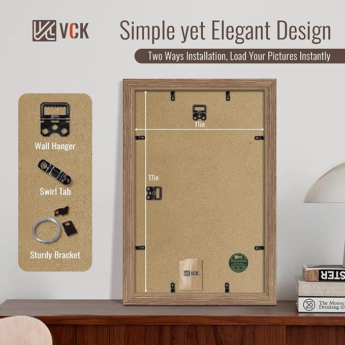 VCK 11x17 Picture Frame Set of 4 - Walnut, Gallery-Quality Wood Poster Frames, 1.1-Inch Wide Border, Polished Plexiglass, Vertical or Horizontal Wall Display for Photo/Art/Prints, Walnut