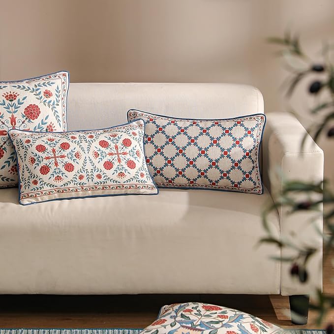 patdrea Designer Throw Pillow Covers Set of 2,Lumbar Bright Vintage Red Linen with Checkerboard Pattern Pillow Cover,Decorative Rectangle Pillowcases Cushion for Bed Living Room Outdoor,12"x20"