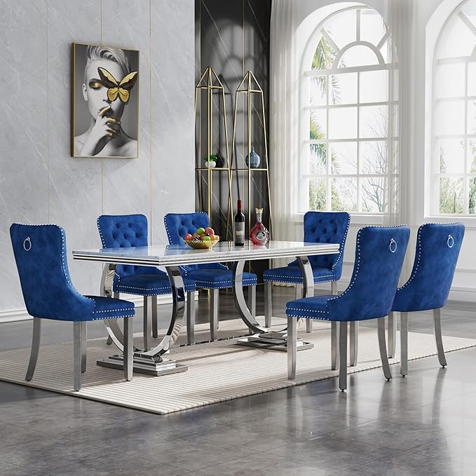 Goujxcy 7 Piece Marble Dining Table Set for 6, Luxury White Marble Silver Kitchen Table with 6 Blue Velvet Upholstered Chairs, Modern 6 Person Dining Room Table Set for Kicken Dining Office Room