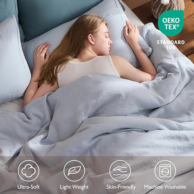 EMME Muslin Cotton Duvet Cover Set Blue King Size Linen Like Soft Breathable Lightweight Summer Comforter Cover Set with Zipper Closure (Blue, King, 104"x90")