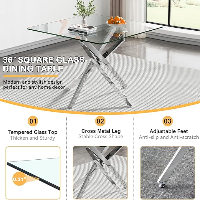 Goujxcy Glass Dining Table Set for 4, Modern Kitchen Table and Chairs Set of 4, 5-Piece Kitchen Dining Room Table Set w/36 Square Silver Glass Dining Table and 4 Beige Velvet Upholstered Chairs