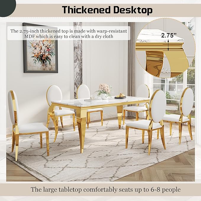 7-Piece Dining Table Set for 6, Faux Marble Modern Dining Table Set with 6 Oval Backrest Upholstered Chairs, 70“ Stainless Steel Legs Table & Chair Set for Kitchen, White & Gold