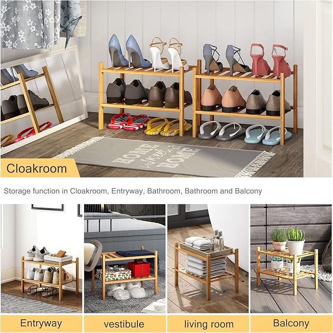 Small Shoe Rack, 2-Tier Bamboo Stackable Shoe Shelf Storage Organizer, Shoe Stand for Closet, Entryway and Hallway