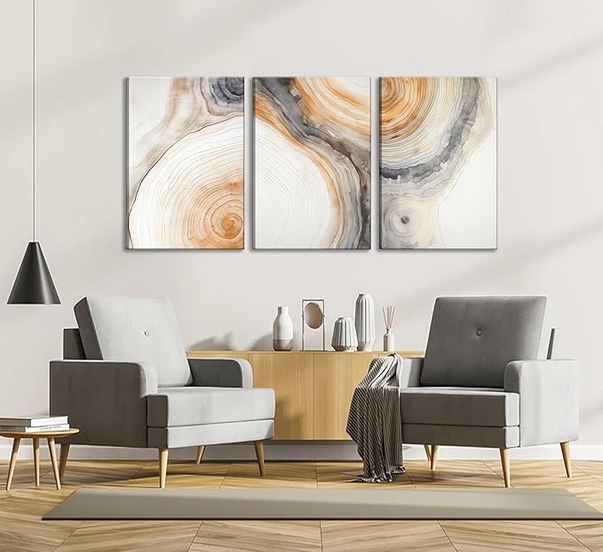 3 Pcs Beige Tree Rings Canvas Wall Art Modern Neutral Abstract Geome Nature Tree Ring Paintings Pictures Wall Decor Poster Print Artwork for Living Room Bedroom Office Home Decoration