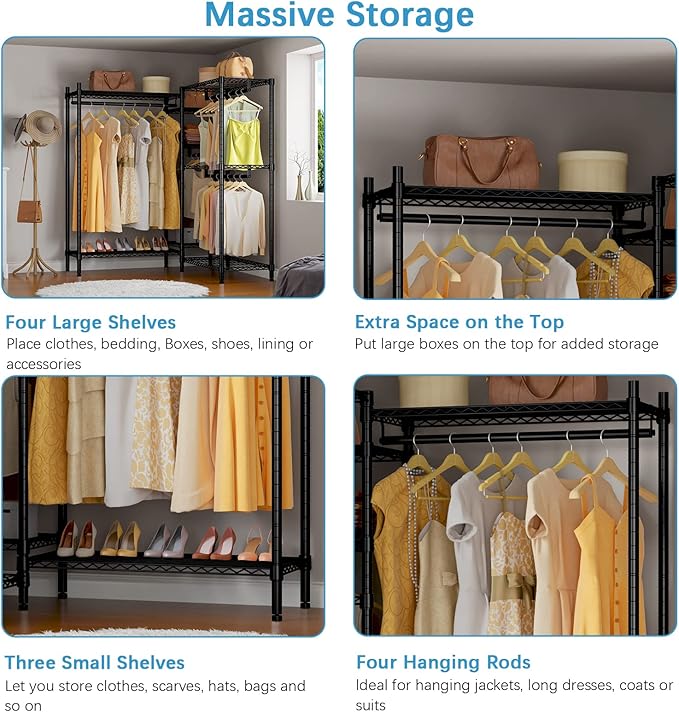 VIPEK L6 Plus Garment Racks Heavy Duty Clothes Rack Corner Closet Racks L Shaped Clothing Rack for Hanging Clothes, 5-Tier Freestanding Closets with 7 Adjustable Shelves, Max Load 1200LBS, Black