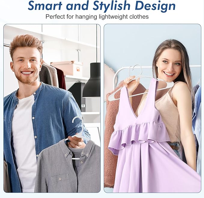 HOUSE DAY Plastic Hangers 50 Pack - White Clothes Hangers with Non-Slip Shoulder Grooves, Durable and Sturdy Coat Hanger, Space Saving Slim Design Perfect for Closet Organizers and Storage